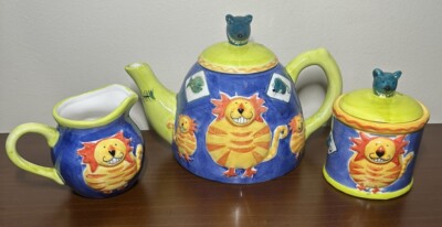 Vintage Retro Rayware Sammlerstück Keramik Katze & Maus Teekanne, Milchkännchen & Glas