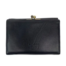 Mundi Black Leather Trifold Wallet Kiss Lock Coin Purse