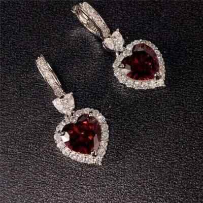 Lab Created Red Garnet 2.20Ct Heart Drop Women's Earrings 14K White Gold Plated