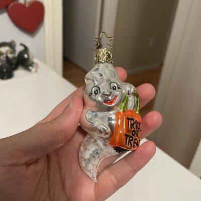 Inge Glas Halloween Ghost Trick Or Treat Bag Glass Ornament 3.5 