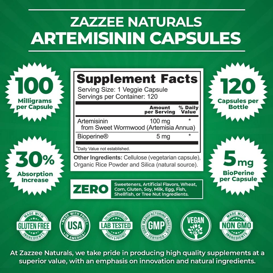 Artemisinin (Sweet Wormwood) 120 Veggie Capsules 100 mg Plus BioPerine 100% Pure - Image 2 of 4