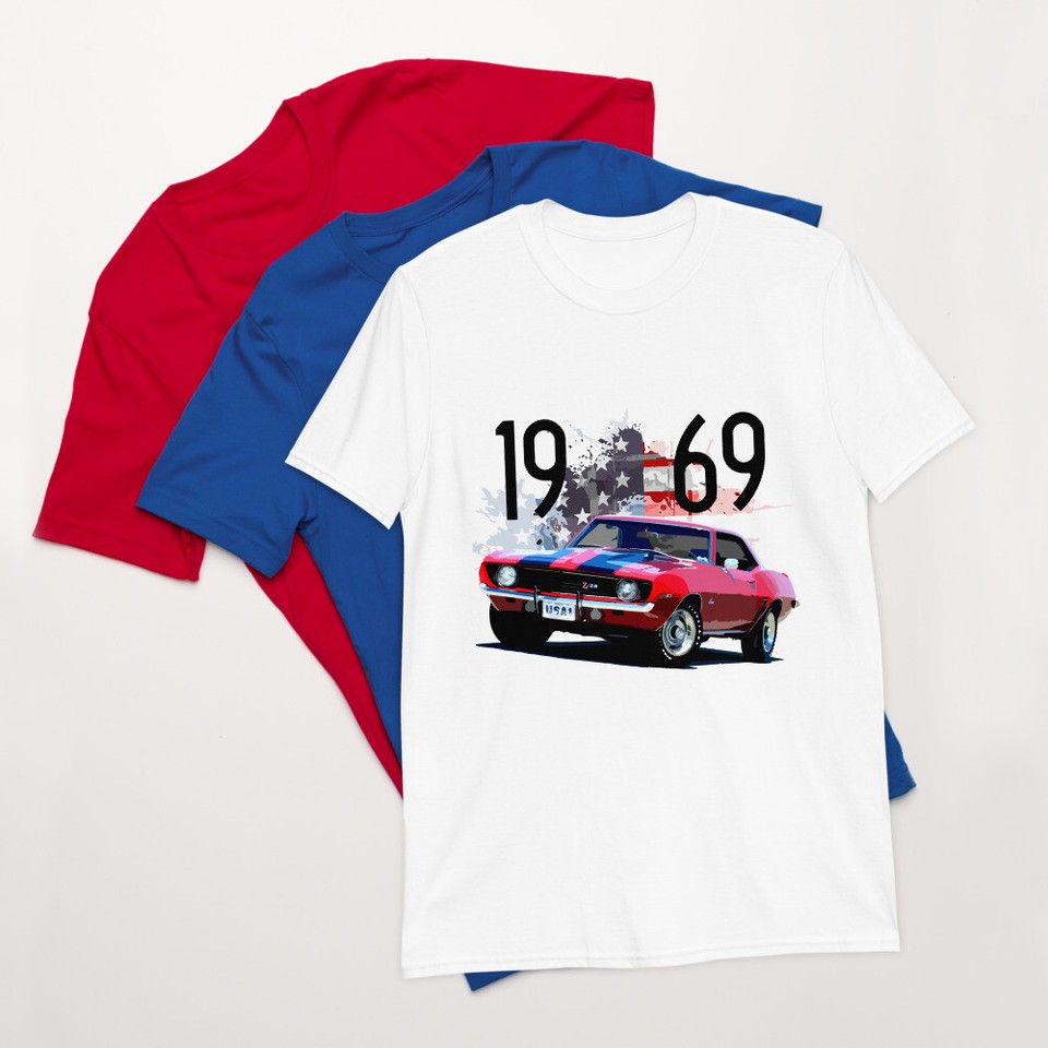 1969 Red Chevy Camaro Z28 Muscle Car T-Shirt - Unisex Classic Car Tee, White, X-Large