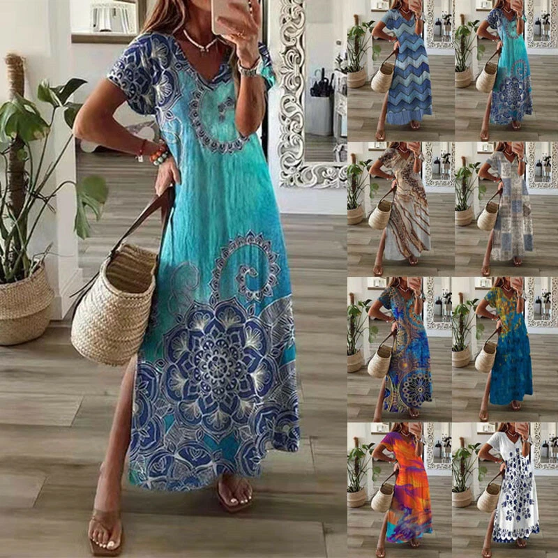 Plus Size UK Womens Summer Short Sleeve Dress Floral Boho Long Maxi Sun  dress | eBay