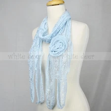 Lace Scarf Wave Curly Fringe Embroidery Sewed On Flower Tassel Sheer Solid Color