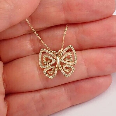 Simulated Diamond 925 Silver Butterfly Charm Pendant 14k Yellow Gold Plated