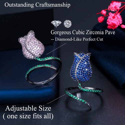 Elegante königsblaue verstellbare CZ Rose Blume offene Ringe für Bräute Verlobung - Bild 4 von 12
