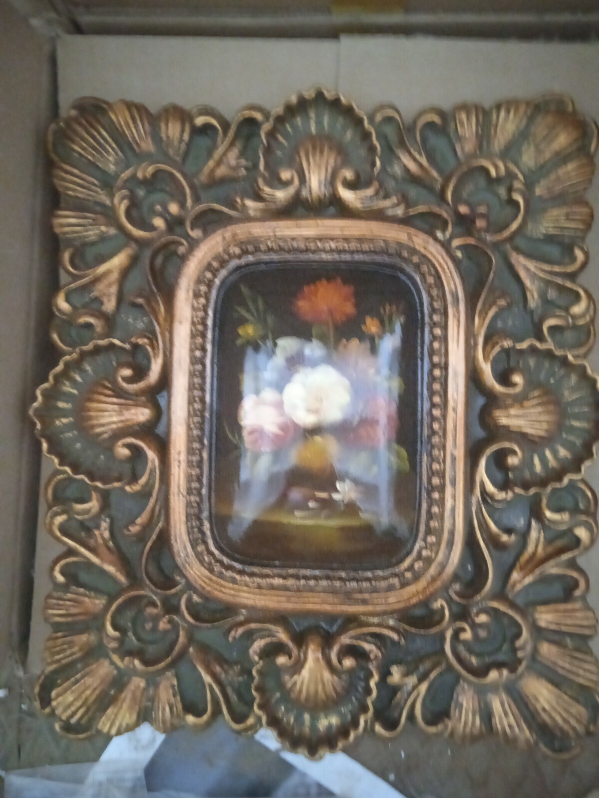 Cuadro Flores Flamenco Pintado Al Óleo Madera Marco Barroco Oro Clásico 31x36.CM