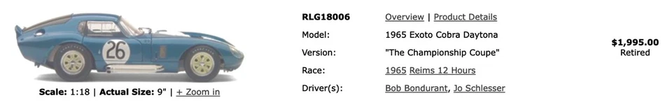 Cobra Daytona Diecast Car Exoto 1:18 | 1965 Championship Coupe #RLG18006 NEW! - Image 3 of 3