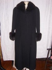 Ladies Black Wool Coat with Fox Collar and Cuffs by Alorna Made in USA Size L