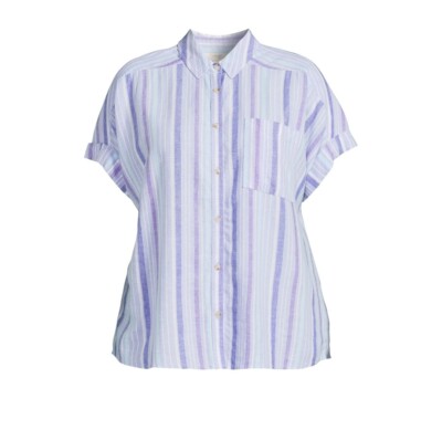 Terra Sky Womens Button Down Utility Linen Camp Shirt Roll Cuff 1X 16W-18W