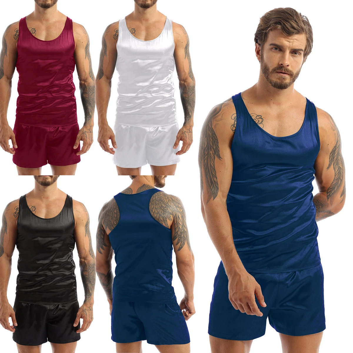 Mens Sexy Pajamas Sleepwear Sets Silk Sleeveless Tank Tops With Shorts Nightgown