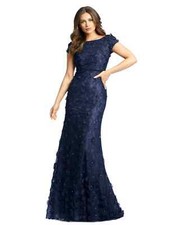 MAC DUGGAL Midnight Navy 3D Floral Applique Beaded Lace Maxi Dress Gown 10   