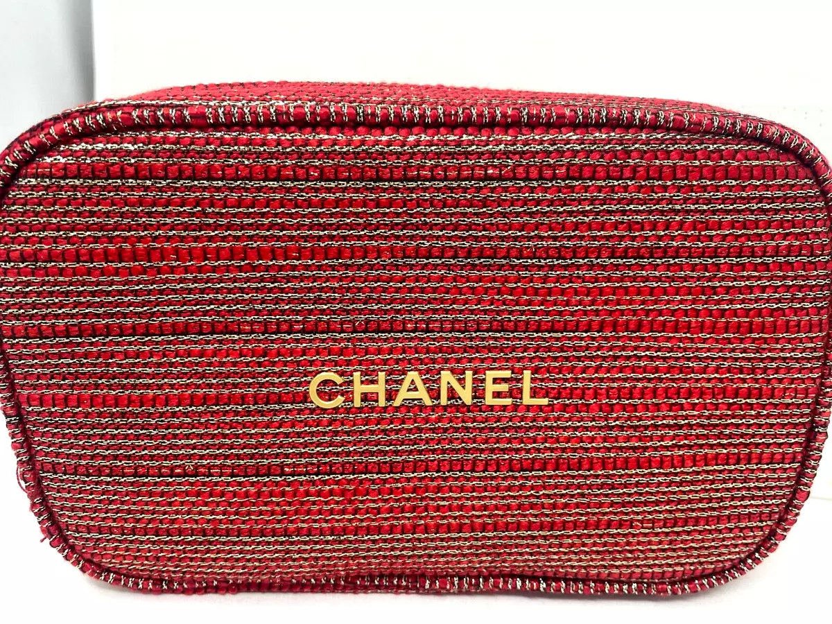 New CHANEL Holiday 2022 Red Tweed Shimmer Clutch Cosmetic Evening Bag Gold