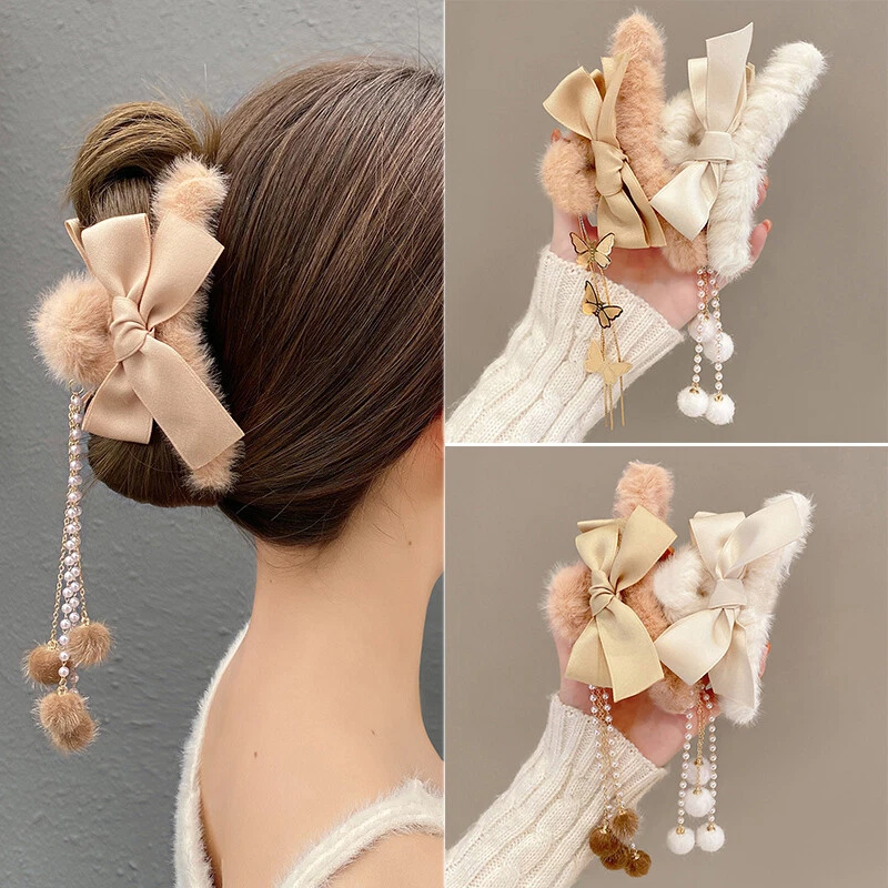 Plush Claw Bow Tassel Womens Accessories Cute Hair Clip Winter Pearls Crab  Clip