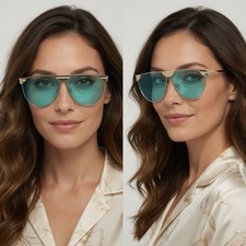 Womens Gold Shield Sunglasses Teal Tinted Lens Flat Top Oversized Metal Frame