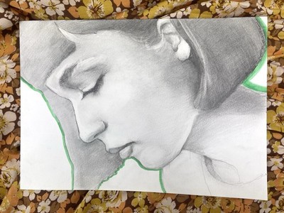 Original Bleistiftzeichnung Portrait Frau auf A4 Aquarellpapier Handarbeit signiert