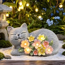 Solar Resin Cat Statue with Flower LED Light Outdoor Garden Lawn Porch Yard Gift