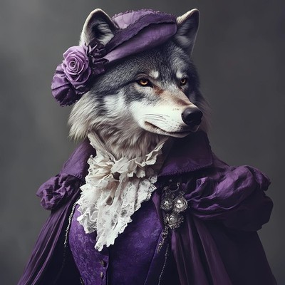 Lady Wolf mit aufwendigem Outfit, u.a. tieflila Umhang, spitzenartig weiß