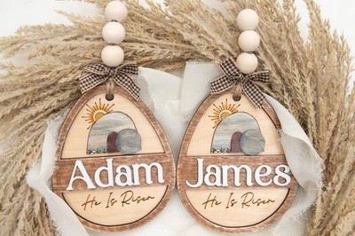 Personalized Easter Basket Tag He Is Risen, Layered Wood Egg Tag, Custom Name