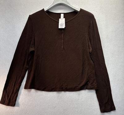 Women s Auden Ultra Soft Long Sleeve Ribbed Henley Sleep Top Brown XXL NWT
