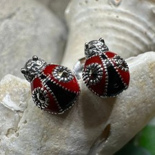 Ladybug Earrings Enamel Marcasite Ladies Girls Insect Stud Earrings 925