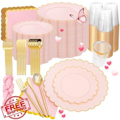 WONDERFUL 351pc Pink Gold party plates and cups set
