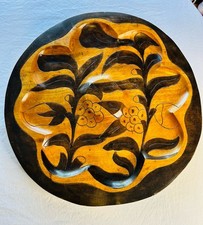 Hand Carved Wooden Floral platter 12" Round Glossy Brown Black Collectible