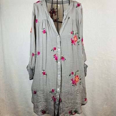 Fig & Flower Embroidered Floral Fairy  Boho Lagenlook Tunic Crepe Shirt Plus 2X