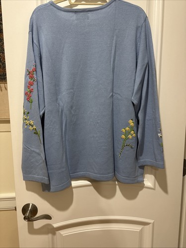 VTG. THE QUACKER FACTORY KNITS QVC BLUE FLORAL EMBROIDERED CREW SWEATER SZ. 2X - Picture 19 of 20