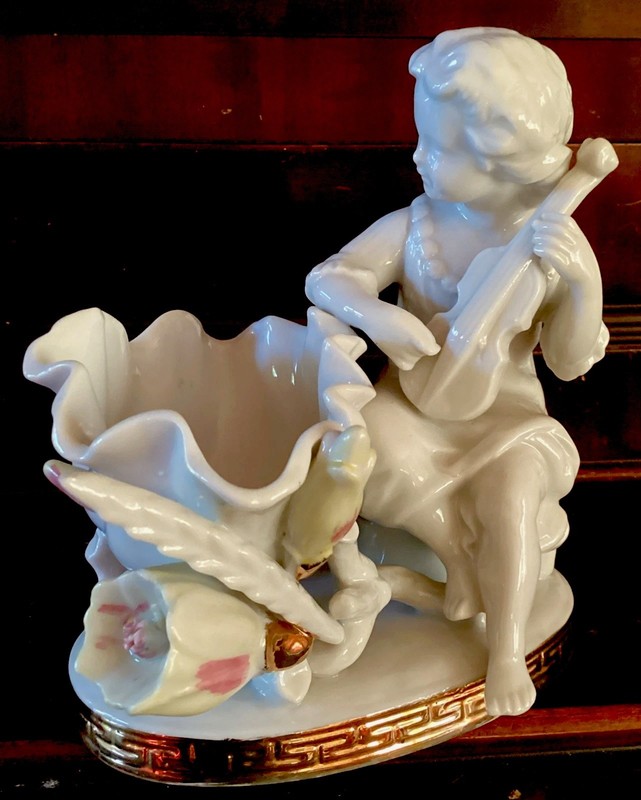 Antique Meissen Cherub Figurine Candy Bowl~22K Gold~Pastel Flowers~Germany 1920s