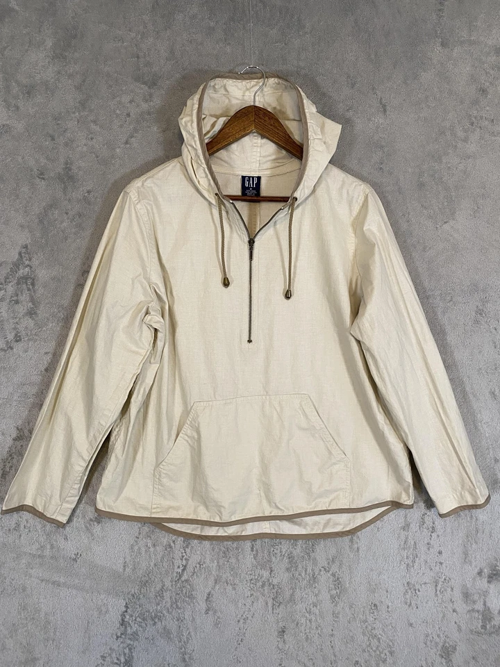 GAP Jacket Mens Sz M Beige Linen Cotton Hooded Half Zip Anorak Pullover Pocket - Image 2 of 4