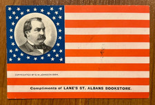 1884 bookstore trade card, U.S. flay & President Cleveland illustration