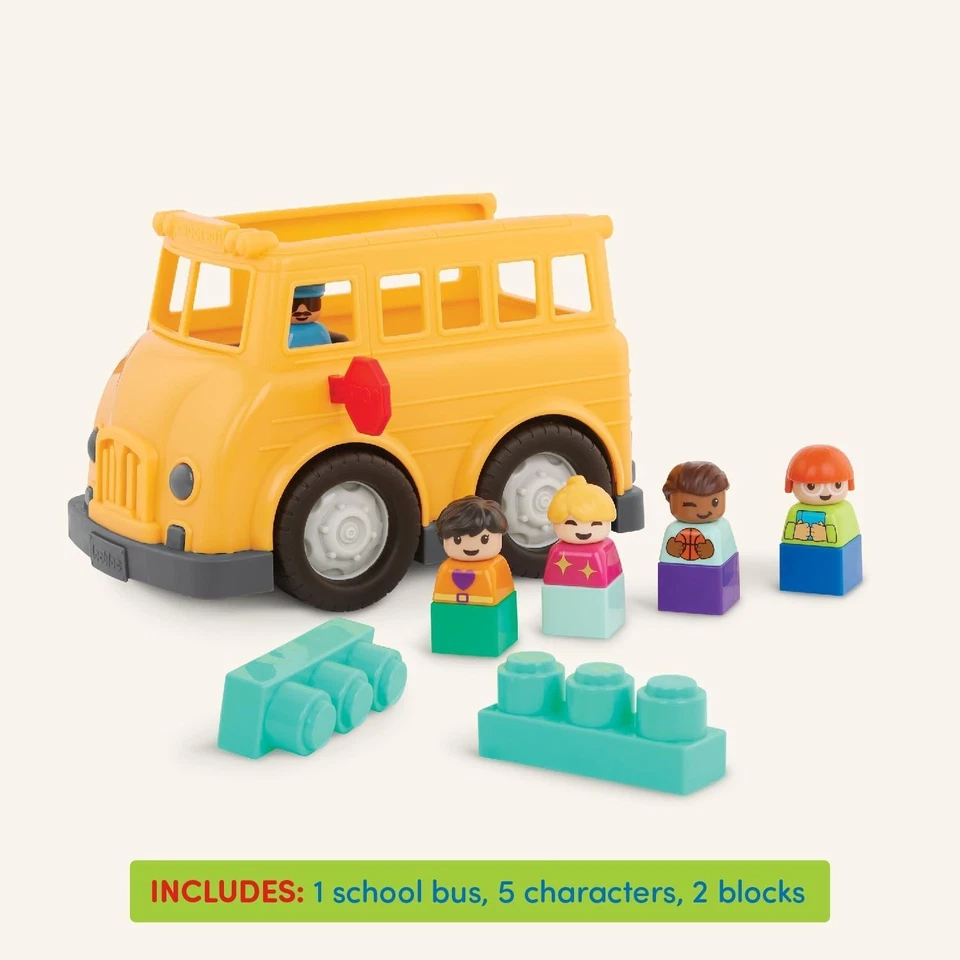 Yellow School Bus Toy, 8 Pieces Construction Set, 5 Figures & 2 Blocks, 12+ mos - Image 3 of 4