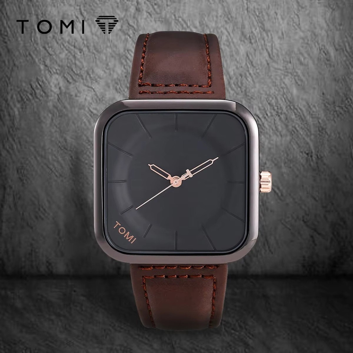TOMI Mens Womens Square Quartz Watch Leather Strap Elegant