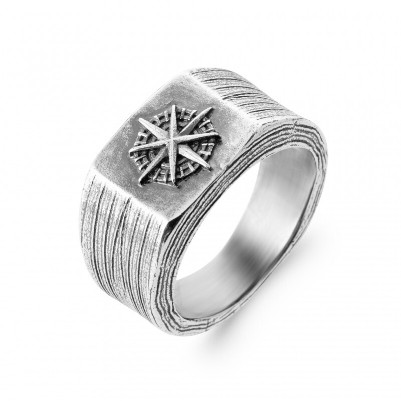 Bague chevaliere motif rose des vents argent massif 925°°° - Main Image
