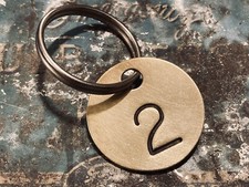 Number 2 Tag Brass Metal Keychain Stamped Fob Key Ring ID Anniversary Milestone