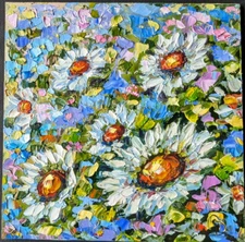 Original OIL Impasto PAINTING "Daisies" FLOWERS by Olga Diduh 6"x 6"