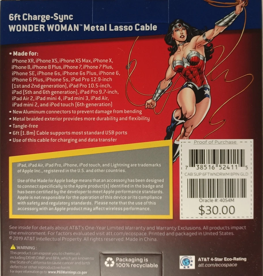 Cable de datos/carga AT&T DC Comics 6 pies Wonder Woman iPhone Lightning certificado MFi Foto 3 de 3