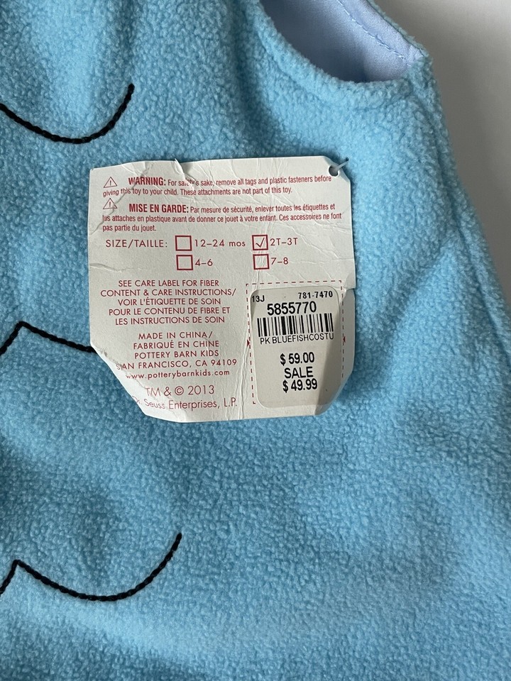 POTTERY BARN Dr. Seuss Blue Fish 2T-3T Halloween Costume Body Only No ...