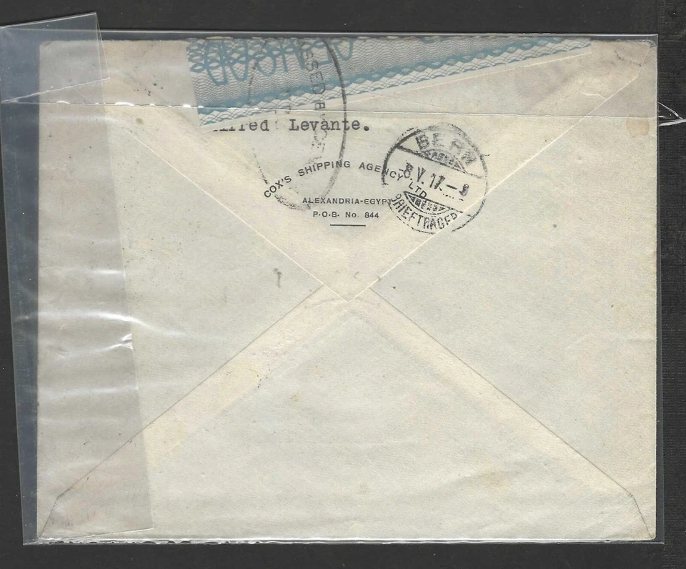 EGIPTO 1917 PRIMERA GUERRA MUNDIAL REINO UNIDO CUBIERTA CENSURADA ALEJANDRÍA A INTIL OFICINA DE PAZ Y SERVICIO Foto 2 de 2