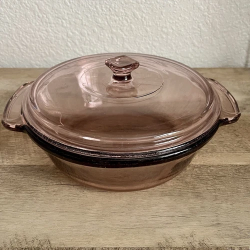 Vintage Anchor OvenWare 9in DIA - 2QT Casserole Baking Dish w/ Lid Light Pink