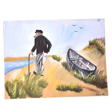 Original Art Man by the Sea Painting on Canvas 12 X 16