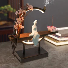 Ceramic Backflow Incense Cone Sticks Burner Holder LED Light Home Office Decor