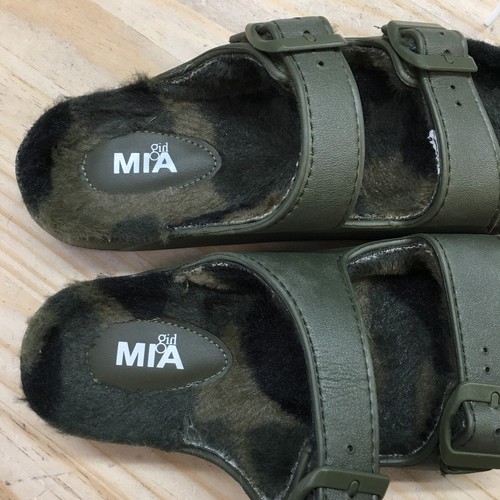 Mia Sandals Womens 7 Slip On Slides Olive Casual Open Toe Buckle Strap Faux Fur - Picture 5 of 17