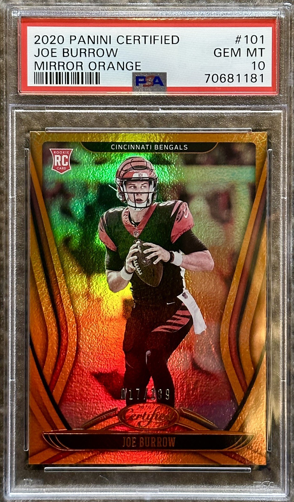 2020 Joe Burrow #101 Panini Certified Mirror Orange Prizm /199. PSA 10. Rare.