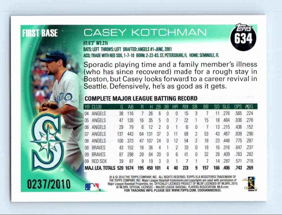 2010 Topps Gold Casey Kotchman 0237/2010 Seattle Mariners #634 - Image 2 of 2