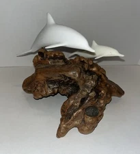 John Perry Dolphin Sculpture Mom & Baby on Burl Art Figure Ocean Large