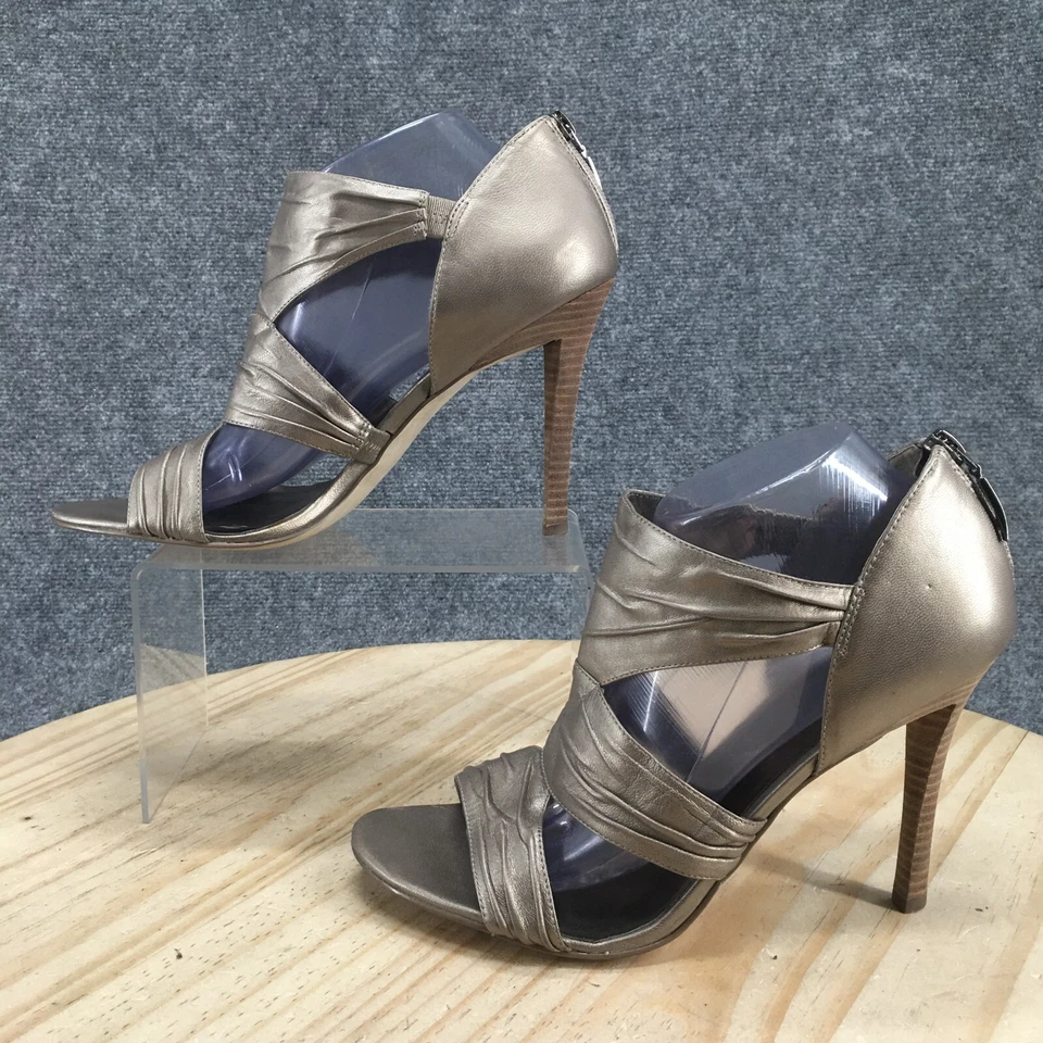 Guess Sandals Womens 10 M Davisa High Heels Stiletto Metallic Taupe Leather Zip - Image 2 of 4