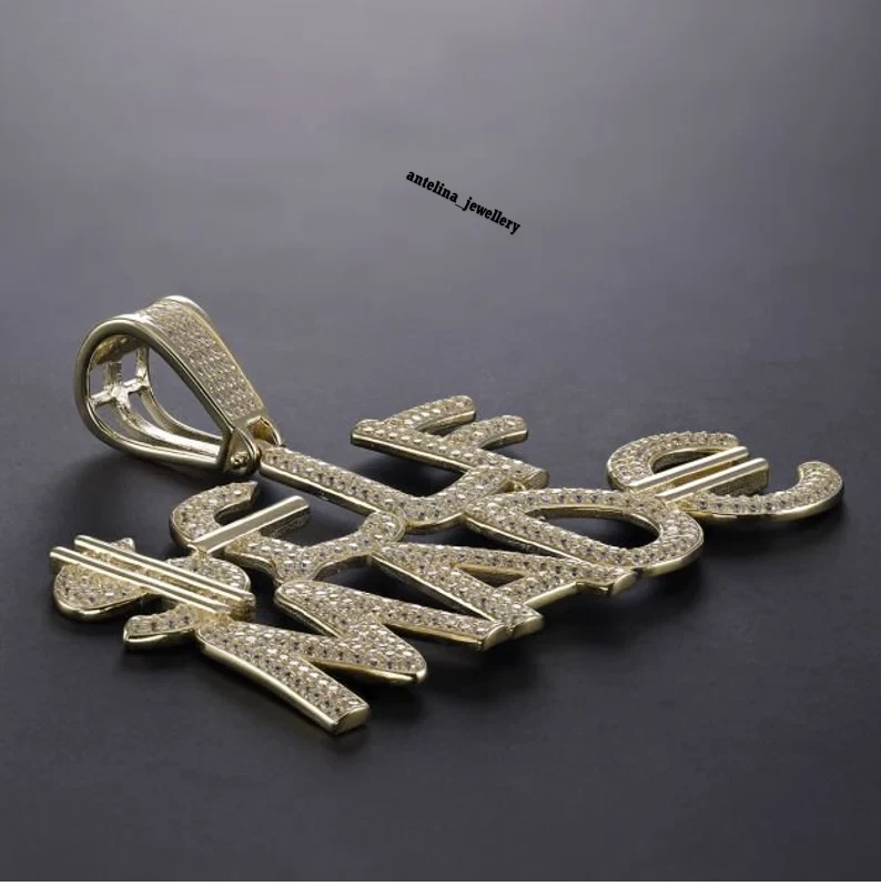 Colgante con nombre personalizado para hombre 3,50 quilates circonita cúbica chapado en oro plata 925 Foto 3 de 4