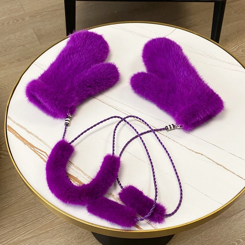 Guantes de piel de visón real para mujer tejidos cálidos muñeca elásticos guantes mangas con cuerda Foto 4 de 4